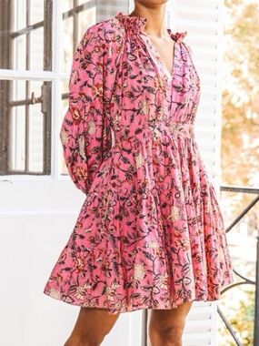 Charina Sarte 100% cotton Resortwear pink floral mini block print dress Small